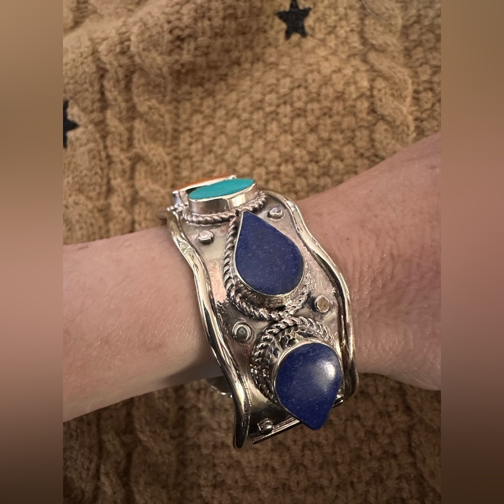 Tibetan cuff with Orange and Turquoise colored accents - Picture 2 of 5